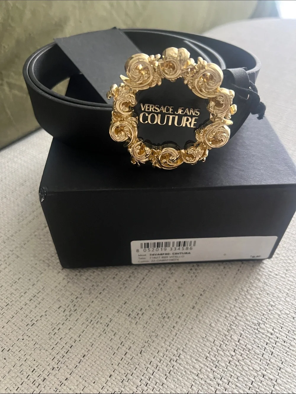 Versace Jeans Collection Black Belt with Ornate Gold Medallion Buckle
